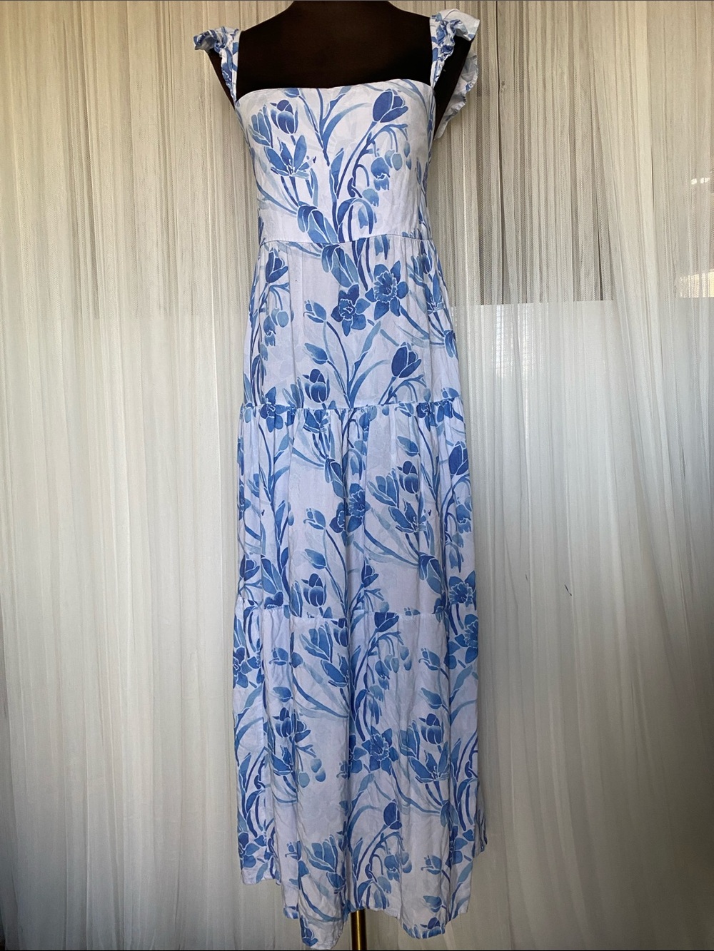 Kenny Flowers Light Blue Floral Tiered Maxi Sundress Smock Back - Ruffle XL